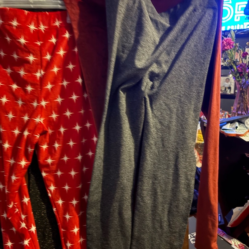 Red Star Patterned Leggings and Gray Dress